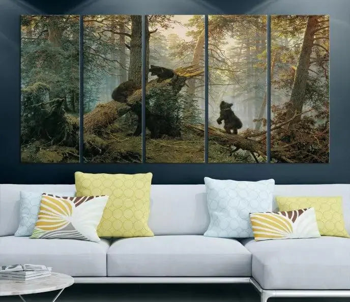 The "Baby Bears in Forest Wall Art Canvas Print" is a triptych featuring bears amidst a dense forest setting. It is crafted on museum-quality polycotton with a UV-protective coating, ensuring lasting vibrancy and detail.