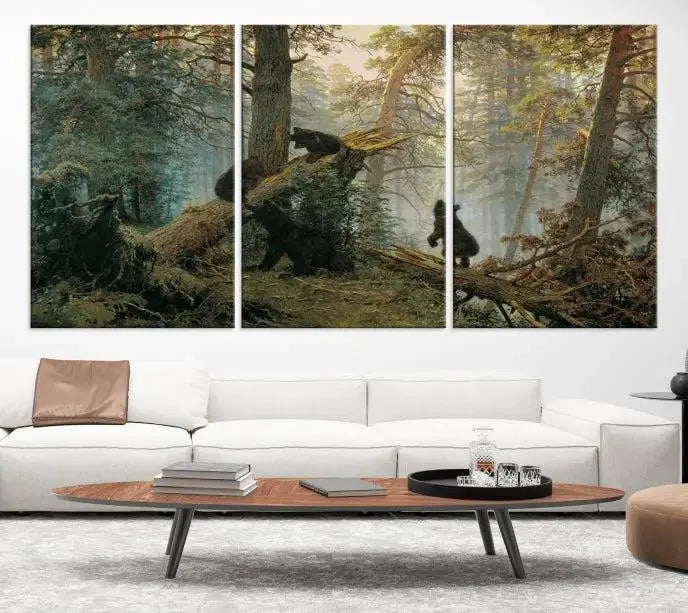 The "Baby Bears in Forest Wall Art Canvas Print" is a triptych featuring bears amidst a dense forest setting. It is crafted on museum-quality polycotton with a UV-protective coating, ensuring lasting vibrancy and detail.