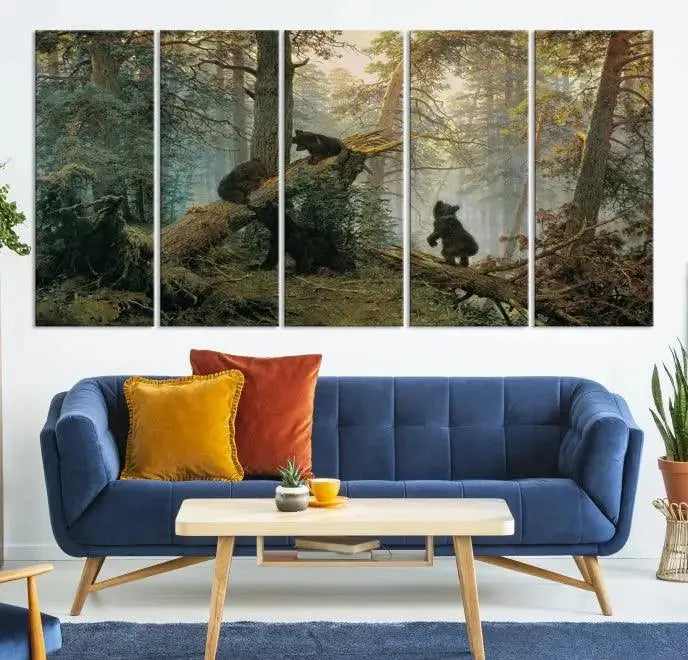 The "Baby Bears in Forest Wall Art Canvas Print" is a triptych featuring bears amidst a dense forest setting. It is crafted on museum-quality polycotton with a UV-protective coating, ensuring lasting vibrancy and detail.