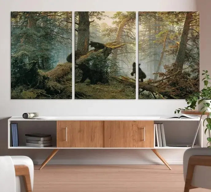 The "Baby Bears in Forest Wall Art Canvas Print" is a triptych featuring bears amidst a dense forest setting. It is crafted on museum-quality polycotton with a UV-protective coating, ensuring lasting vibrancy and detail.