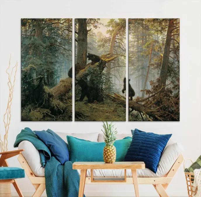 The "Baby Bears in Forest Wall Art Canvas Print" is a triptych featuring bears amidst a dense forest setting. It is crafted on museum-quality polycotton with a UV-protective coating, ensuring lasting vibrancy and detail.