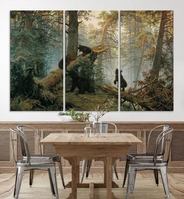 The "Baby Bears in Forest Wall Art Canvas Print" is a triptych featuring bears amidst a dense forest setting. It is crafted on museum-quality polycotton with a UV-protective coating, ensuring lasting vibrancy and detail.