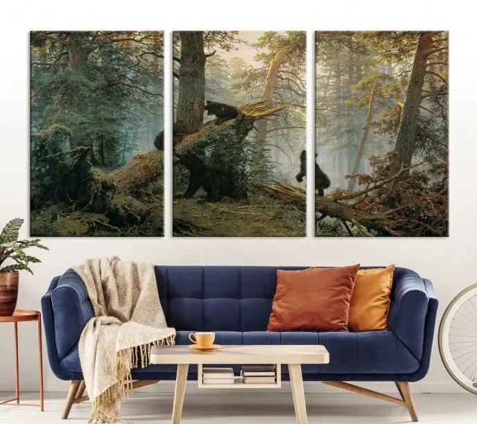 The "Baby Bears in Forest Wall Art Canvas Print" is a triptych featuring bears amidst a dense forest setting. It is crafted on museum-quality polycotton with a UV-protective coating, ensuring lasting vibrancy and detail.