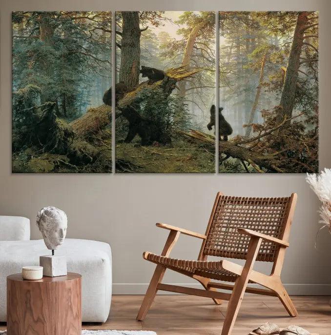 The "Baby Bears in Forest Wall Art Canvas Print" is a triptych featuring bears amidst a dense forest setting. It is crafted on museum-quality polycotton with a UV-protective coating, ensuring lasting vibrancy and detail.