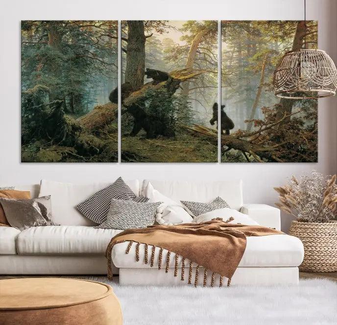 The "Baby Bears in Forest Wall Art Canvas Print" is a triptych featuring bears amidst a dense forest setting. It is crafted on museum-quality polycotton with a UV-protective coating, ensuring lasting vibrancy and detail.