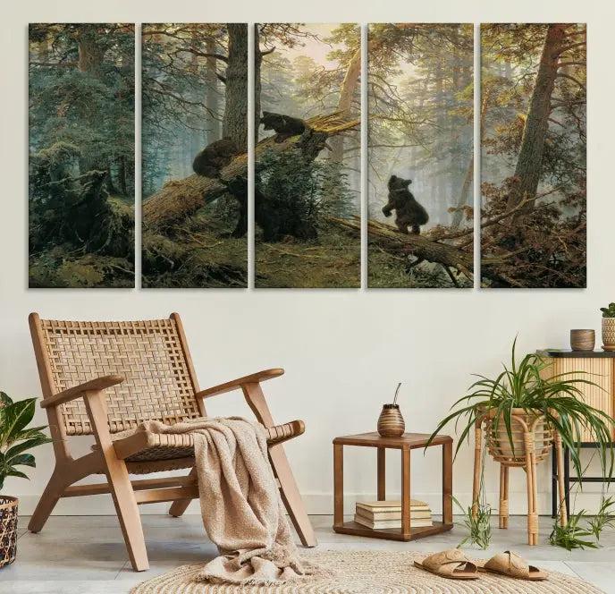 The "Baby Bears in Forest Wall Art Canvas Print" is a triptych featuring bears amidst a dense forest setting. It is crafted on museum-quality polycotton with a UV-protective coating, ensuring lasting vibrancy and detail.