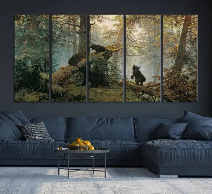 The "Baby Bears in Forest Wall Art Canvas Print" is a triptych featuring bears amidst a dense forest setting. It is crafted on museum-quality polycotton with a UV-protective coating, ensuring lasting vibrancy and detail.