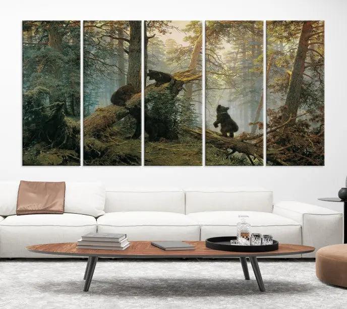 The "Baby Bears in Forest Wall Art Canvas Print" is a triptych featuring bears amidst a dense forest setting. It is crafted on museum-quality polycotton with a UV-protective coating, ensuring lasting vibrancy and detail.