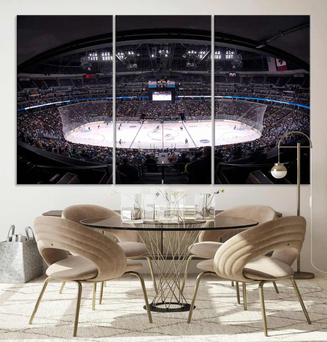 A captivating canvas wall art piece perfectly captures the excitement of a Denver Ice Hockey Stadium during an exhilarating Colorado Avalanche match.