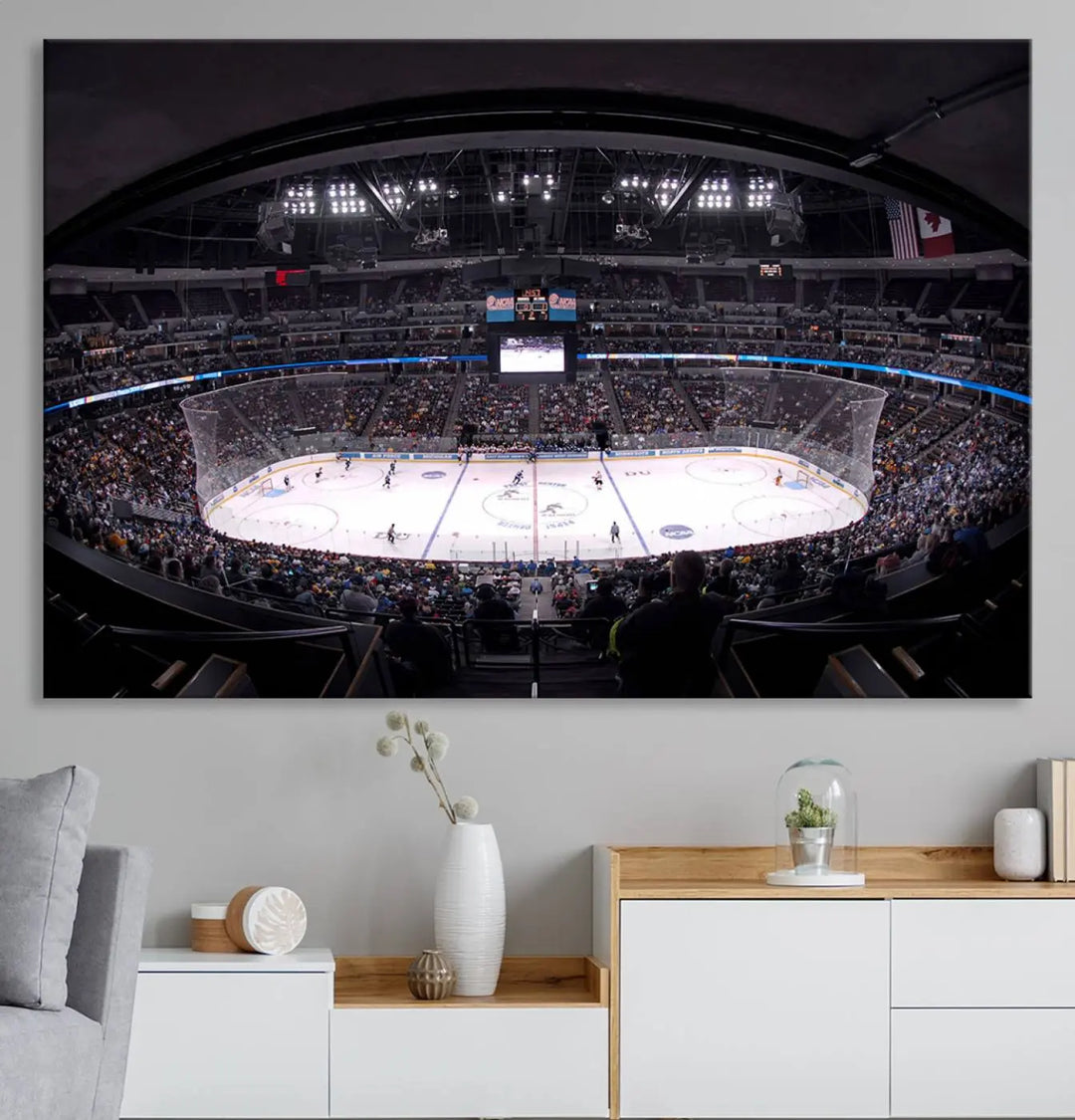 Triple-panel canvas art of Ball Arena, showcasing a night hockey game with the Colorado Avalanche, printed on high-quality, durable canvas.