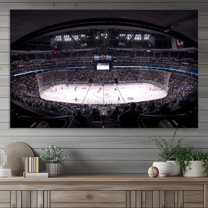 Triple-panel canvas art of Ball Arena, showcasing a night hockey game with the Colorado Avalanche, printed on high-quality, durable canvas.