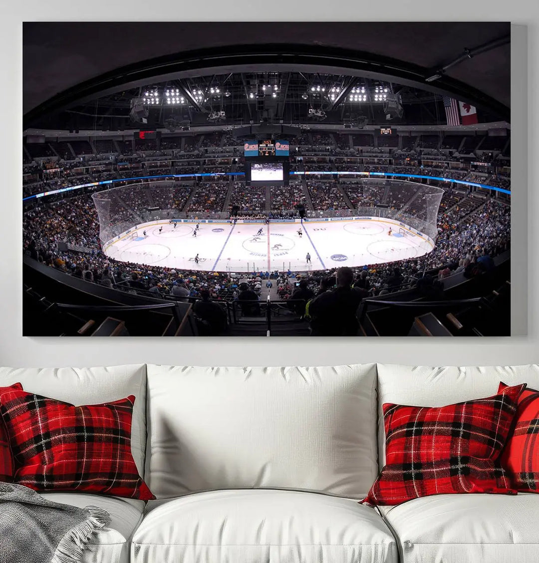 Triple-panel canvas art of Ball Arena, showcasing a night hockey game with the Colorado Avalanche, printed on high-quality, durable canvas.