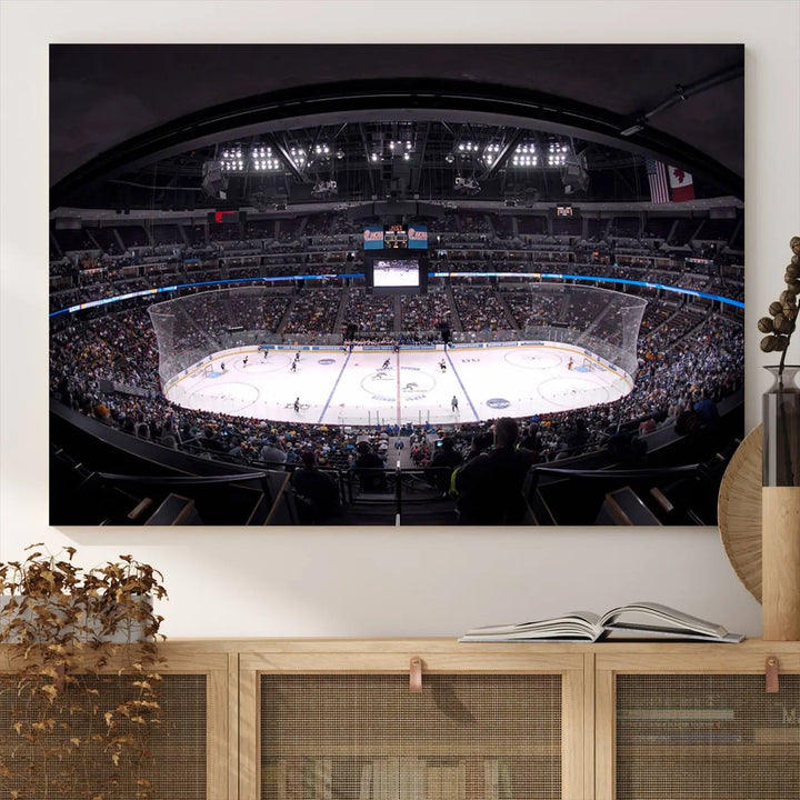 Triple-panel canvas art of Ball Arena, showcasing a night hockey game with the Colorado Avalanche, printed on high-quality, durable canvas.