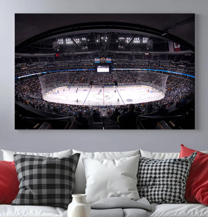 A captivating canvas wall art piece perfectly captures the excitement of a Denver Ice Hockey Stadium during an exhilarating Colorado Avalanche match.