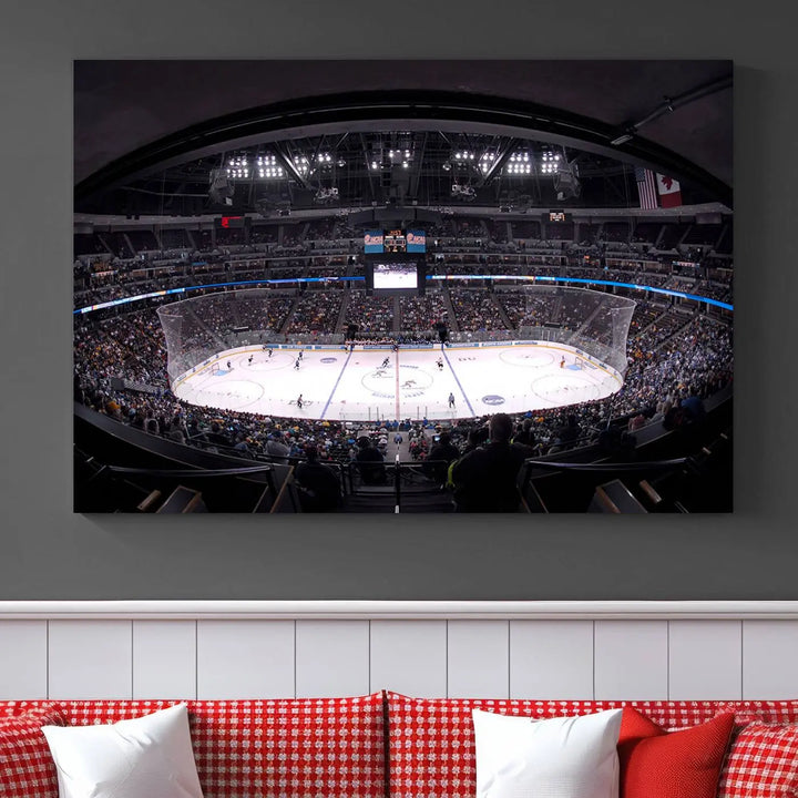 A captivating canvas wall art piece perfectly captures the excitement of a Denver Ice Hockey Stadium during an exhilarating Colorado Avalanche match.