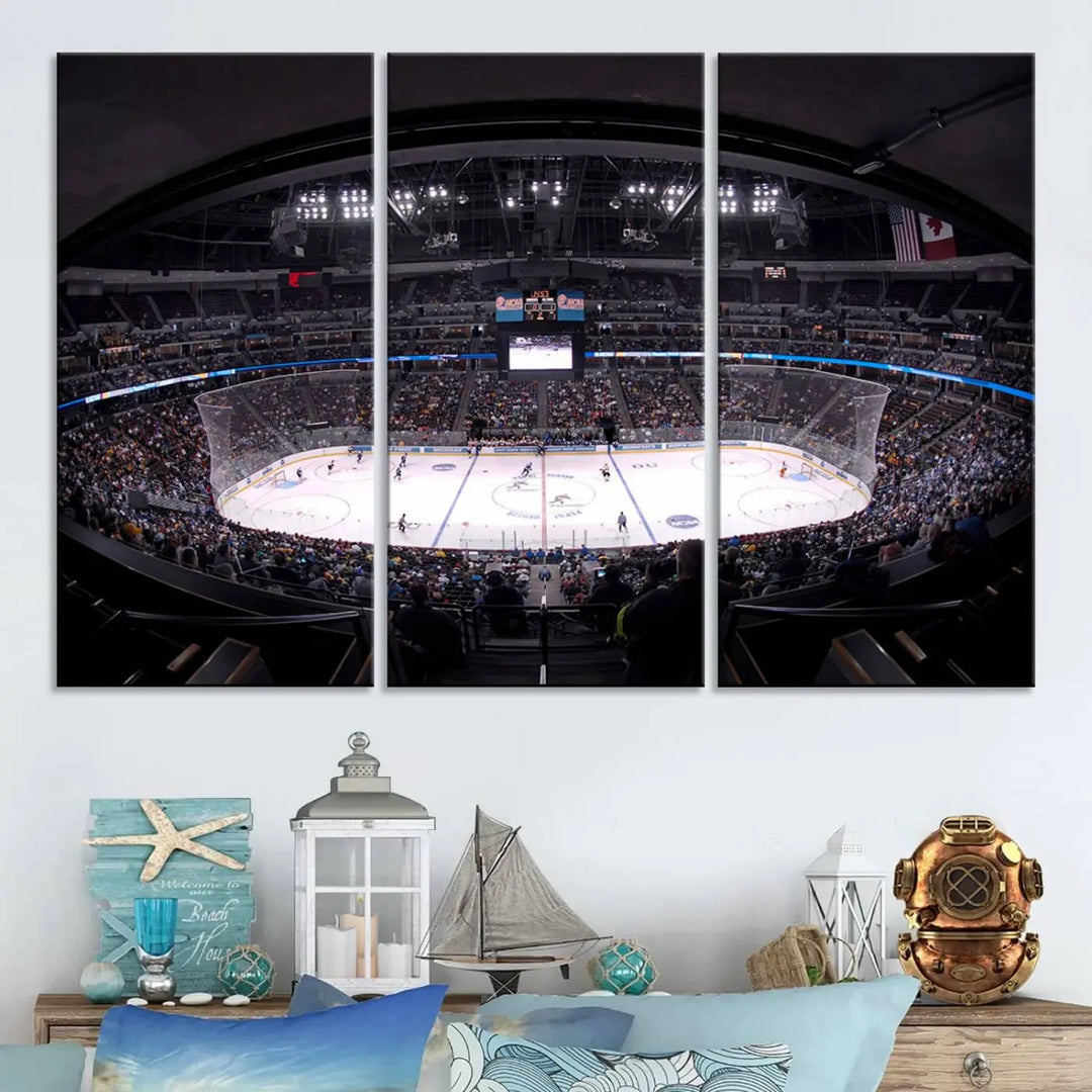 A captivating canvas wall art piece perfectly captures the excitement of a Denver Ice Hockey Stadium during an exhilarating Colorado Avalanche match.