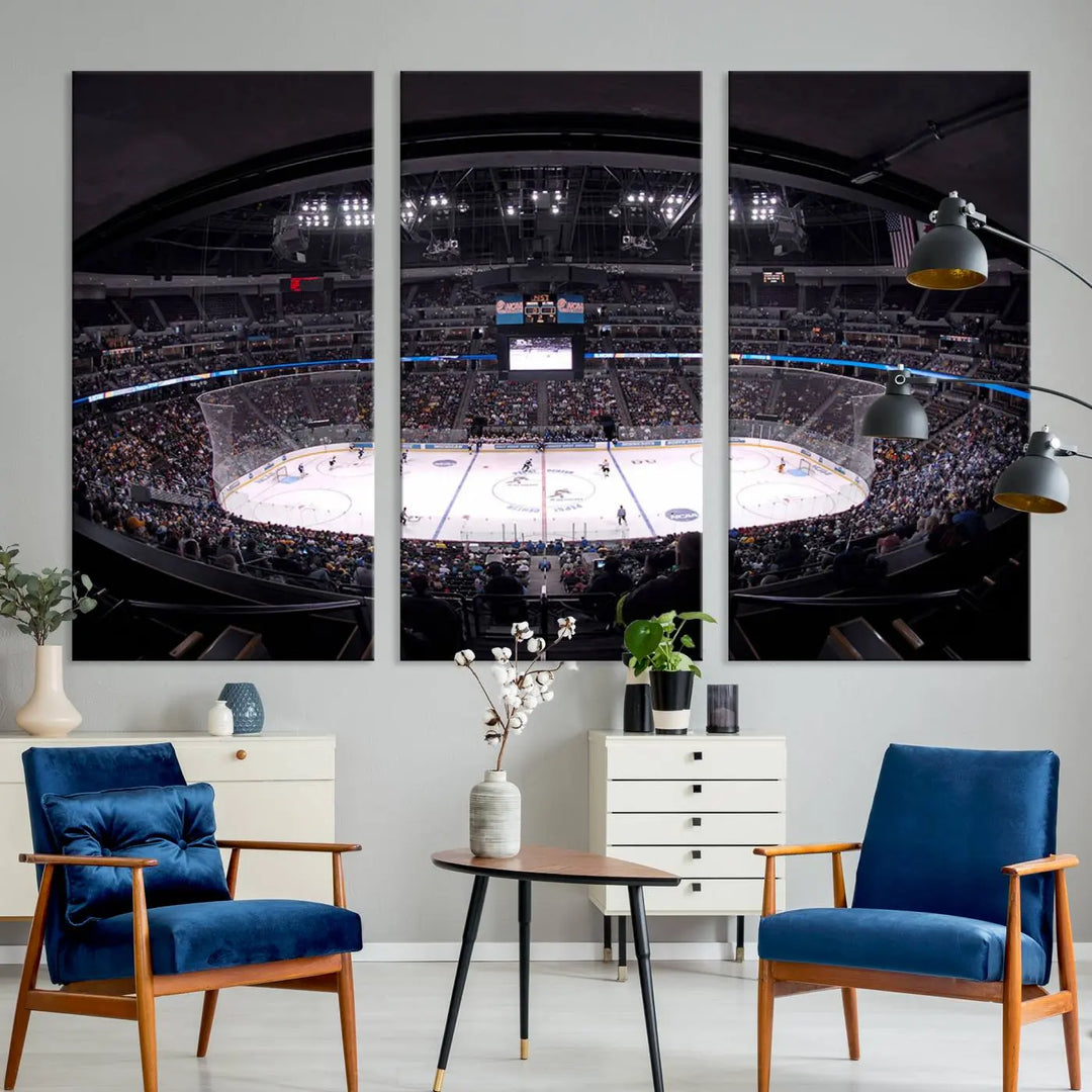 Triple-panel canvas art of Ball Arena, showcasing a night hockey game with the Colorado Avalanche, printed on high-quality, durable canvas.