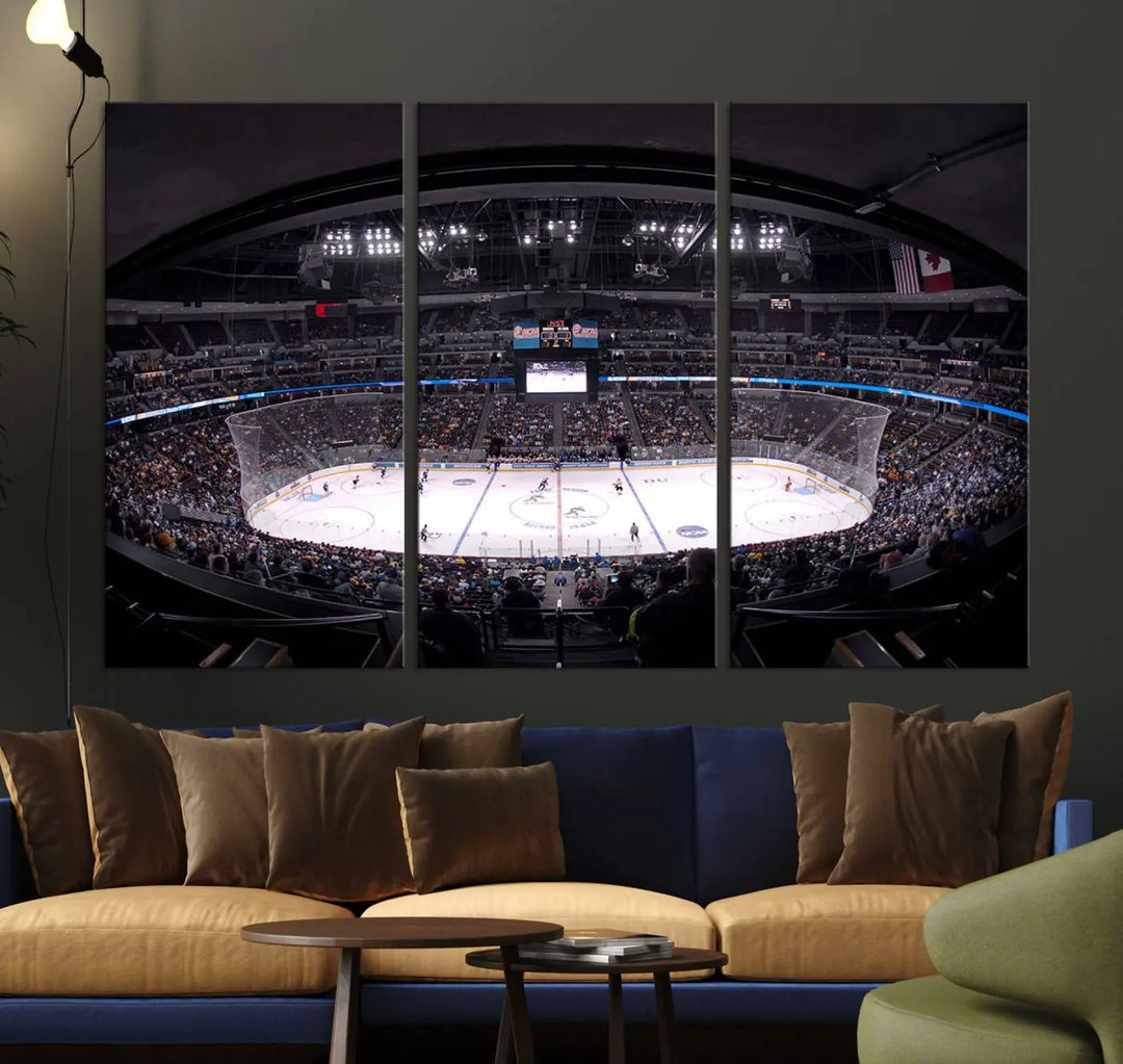 Triple-panel canvas art of Ball Arena, showcasing a night hockey game with the Colorado Avalanche, printed on high-quality, durable canvas.