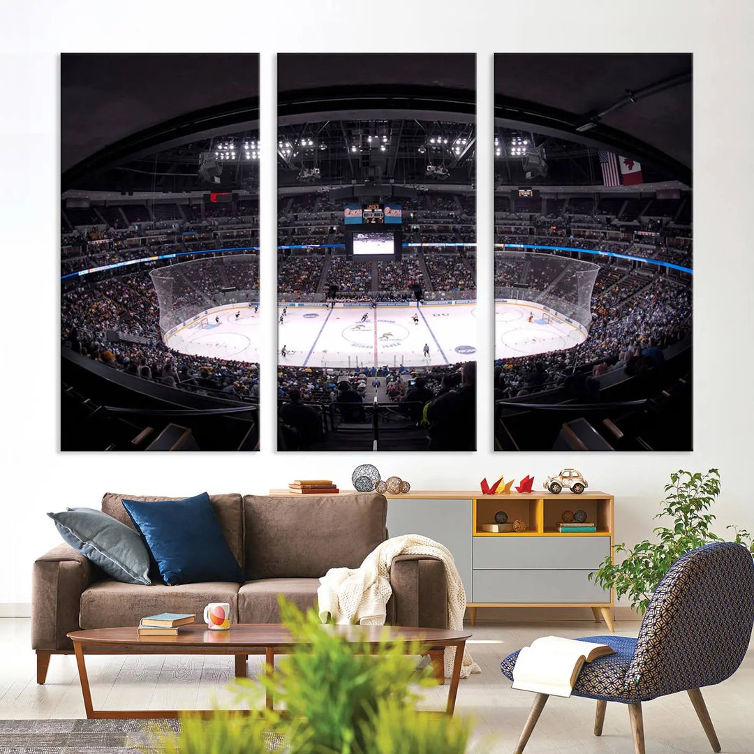 Triple-panel canvas art of Ball Arena, showcasing a night hockey game with the Colorado Avalanche, printed on high-quality, durable canvas.