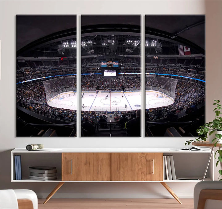 Triple-panel canvas art of Ball Arena, showcasing a night hockey game with the Colorado Avalanche, printed on high-quality, durable canvas.