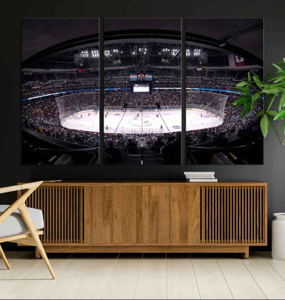 Triple-panel canvas art of Ball Arena, showcasing a night hockey game with the Colorado Avalanche, printed on high-quality, durable canvas.