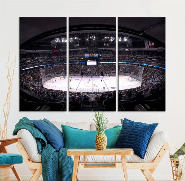 Triple-panel canvas art of Ball Arena, showcasing a night hockey game with the Colorado Avalanche, printed on high-quality, durable canvas.