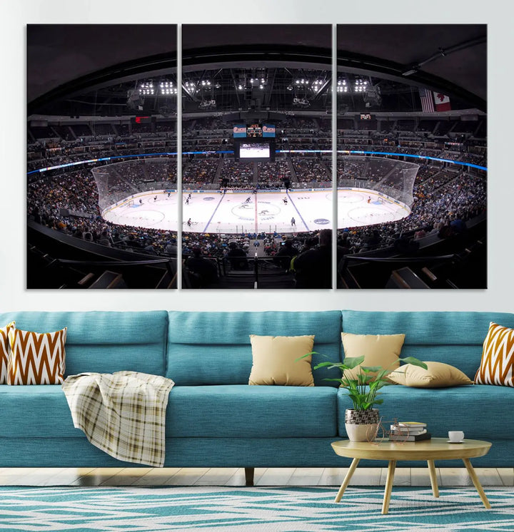 Triple-panel canvas art of Ball Arena, showcasing a night hockey game with the Colorado Avalanche, printed on high-quality, durable canvas.