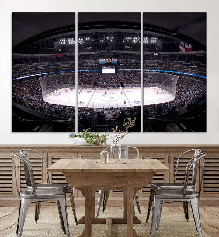 Triple-panel canvas art of Ball Arena, showcasing a night hockey game with the Colorado Avalanche, printed on high-quality, durable canvas.