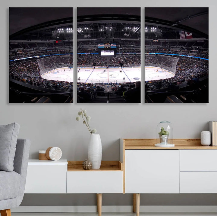 Triple-panel canvas art of Ball Arena, showcasing a night hockey game with the Colorado Avalanche, printed on high-quality, durable canvas.