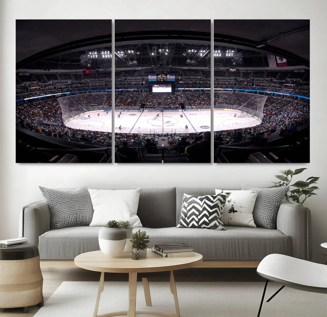 Triple-panel canvas art of Ball Arena, showcasing a night hockey game with the Colorado Avalanche, printed on high-quality, durable canvas.