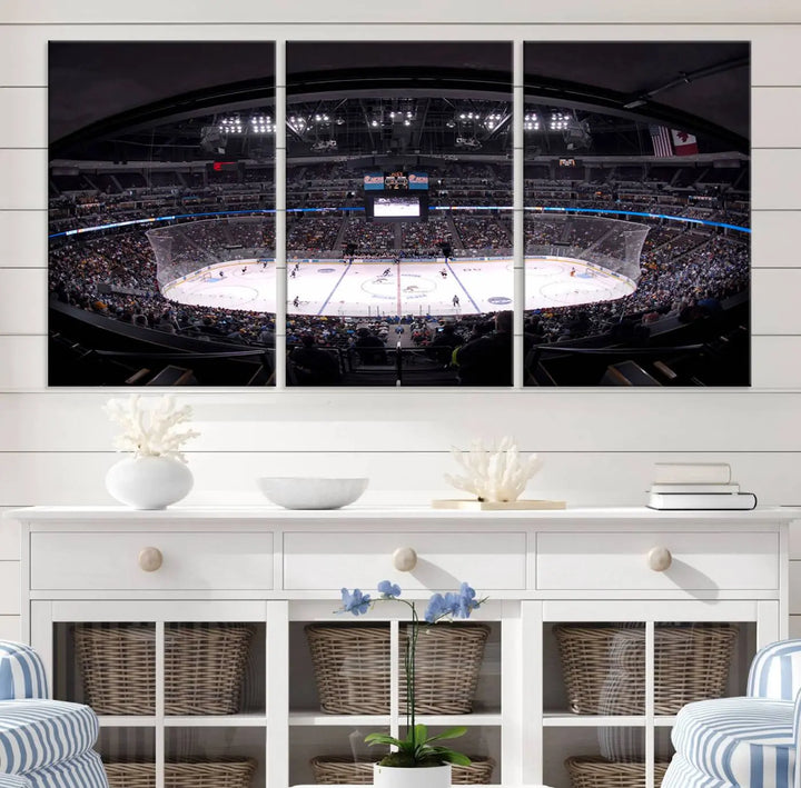 Triple-panel canvas art of Ball Arena, showcasing a night hockey game with the Colorado Avalanche, printed on high-quality, durable canvas.