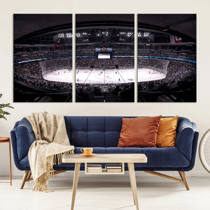 Triple-panel canvas art of Ball Arena, showcasing a night hockey game with the Colorado Avalanche, printed on high-quality, durable canvas.