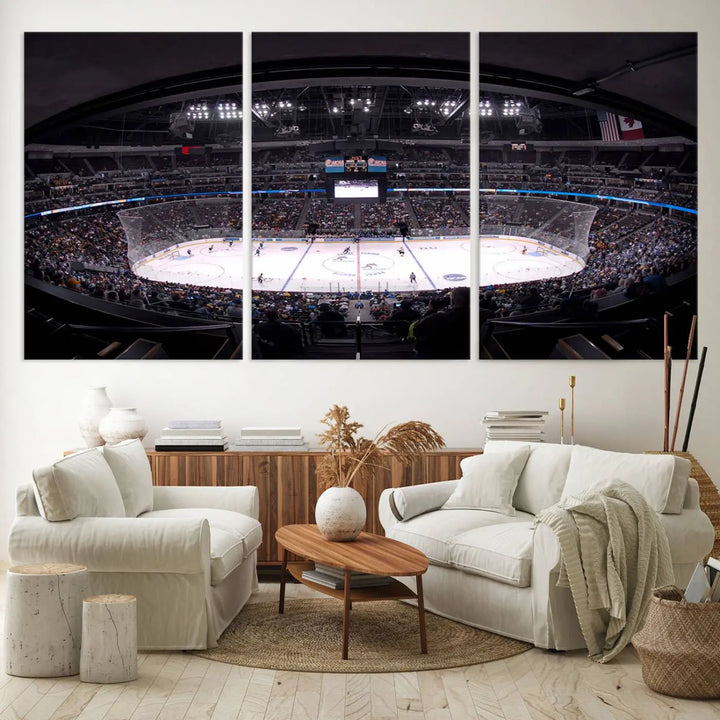 Triple-panel canvas art of Ball Arena, showcasing a night hockey game with the Colorado Avalanche, printed on high-quality, durable canvas.