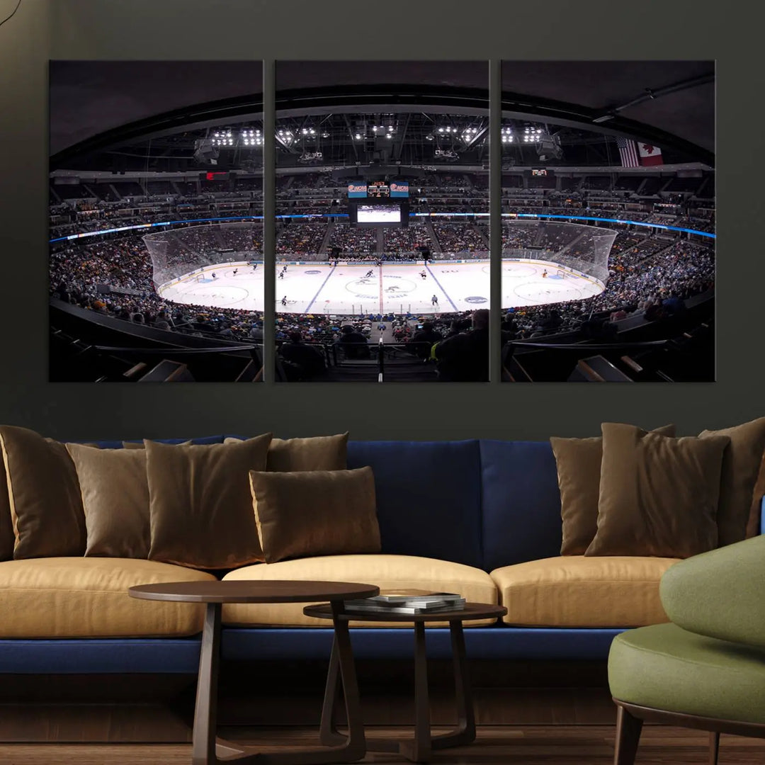 Triple-panel canvas art of Ball Arena, showcasing a night hockey game with the Colorado Avalanche, printed on high-quality, durable canvas.