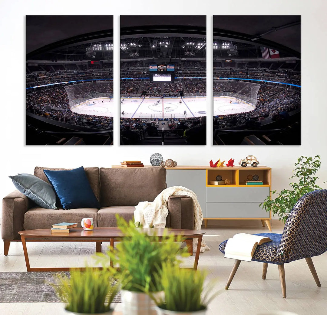 Triple-panel canvas art of Ball Arena, showcasing a night hockey game with the Colorado Avalanche, printed on high-quality, durable canvas.