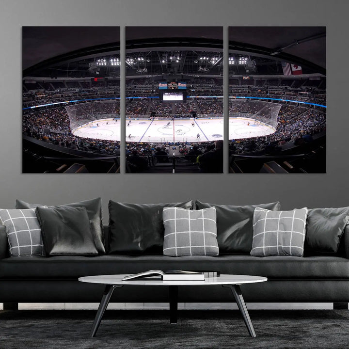 Triple-panel canvas art of Ball Arena, showcasing a night hockey game with the Colorado Avalanche, printed on high-quality, durable canvas.