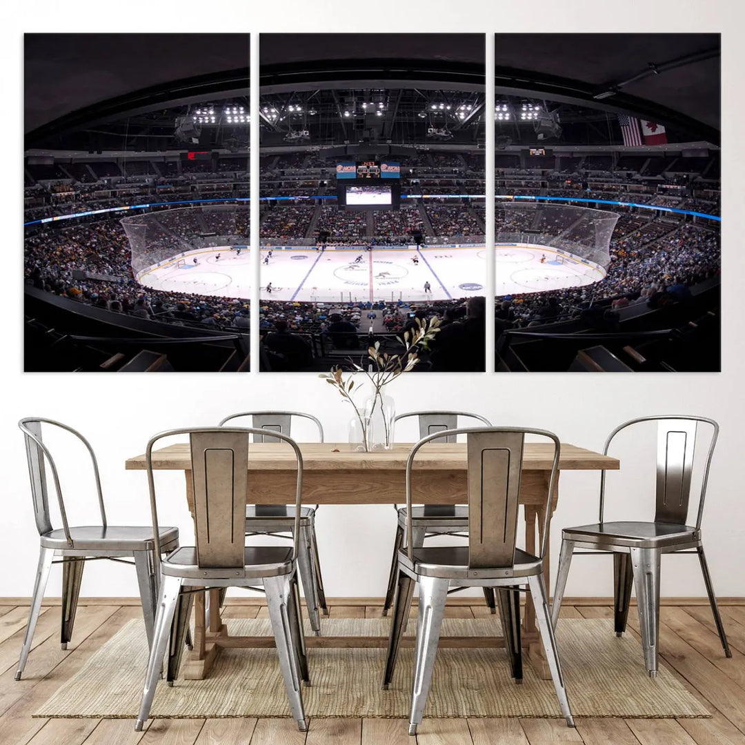 Triple-panel canvas art of Ball Arena, showcasing a night hockey game with the Colorado Avalanche, printed on high-quality, durable canvas.