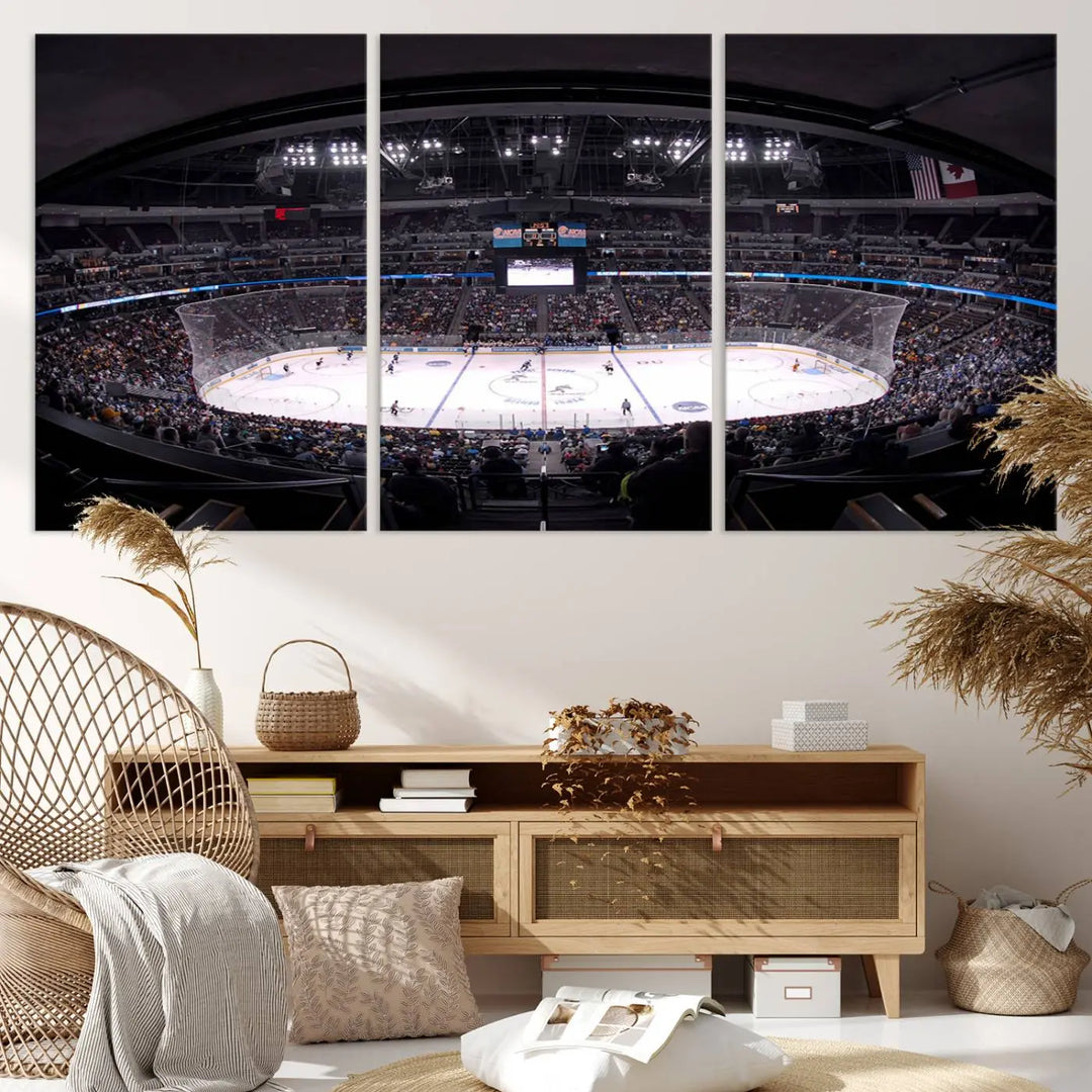 Triple-panel canvas art of Ball Arena, showcasing a night hockey game with the Colorado Avalanche, printed on high-quality, durable canvas.