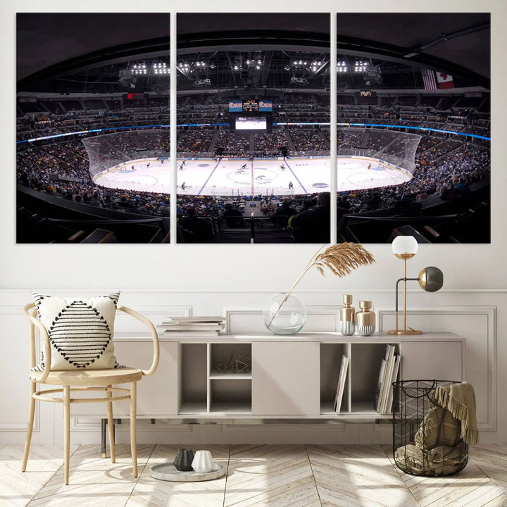 Triple-panel canvas art of Ball Arena, showcasing a night hockey game with the Colorado Avalanche, printed on high-quality, durable canvas.