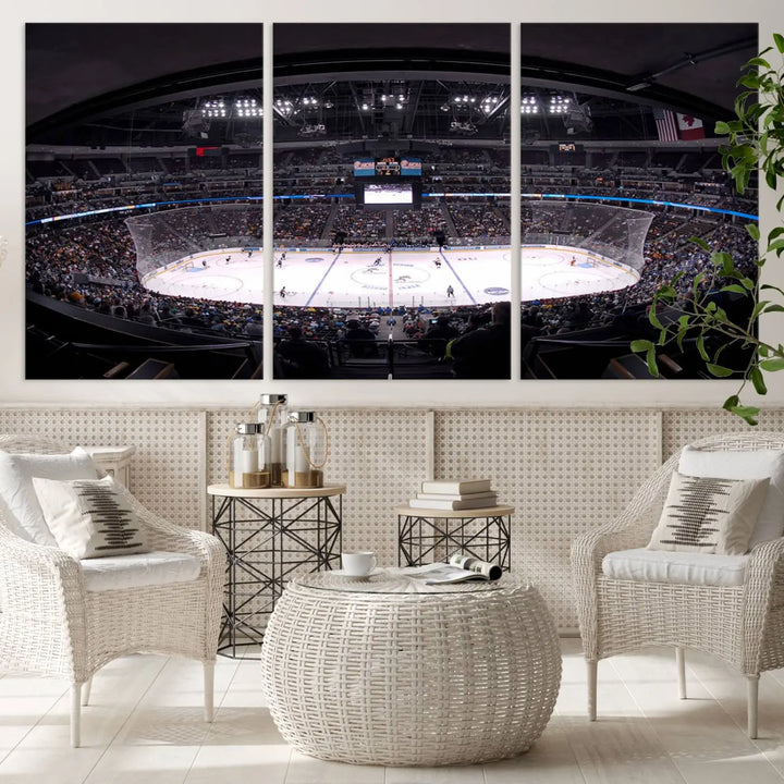 Triple-panel canvas art of Ball Arena, showcasing a night hockey game with the Colorado Avalanche, printed on high-quality, durable canvas.