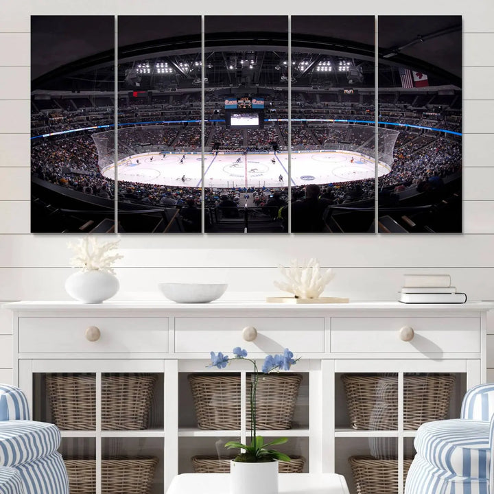 Triple-panel canvas art of Ball Arena, showcasing a night hockey game with the Colorado Avalanche, printed on high-quality, durable canvas.