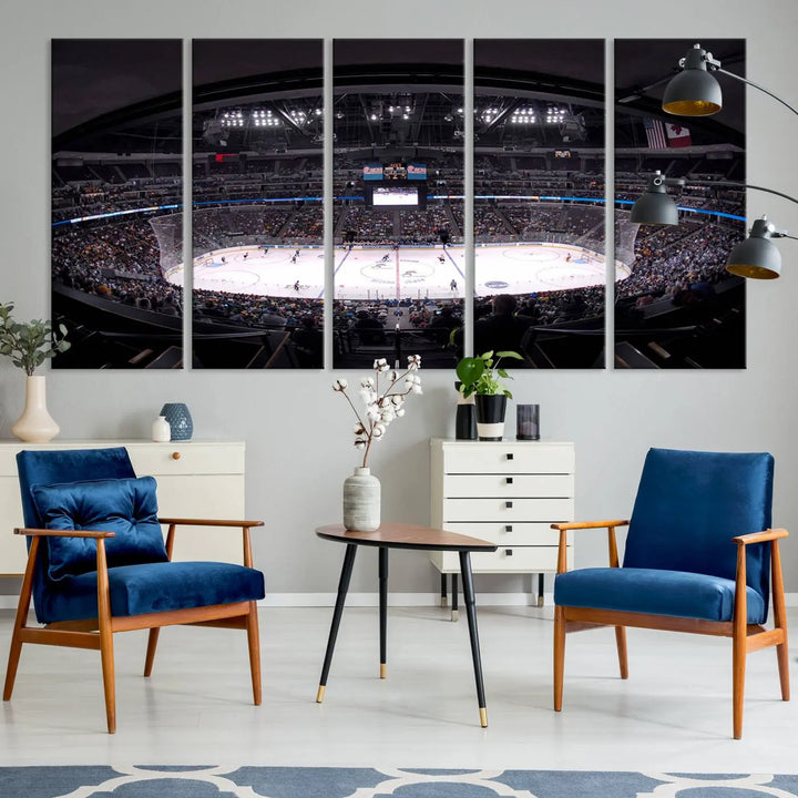 Triple-panel canvas art of Ball Arena, showcasing a night hockey game with the Colorado Avalanche, printed on high-quality, durable canvas.