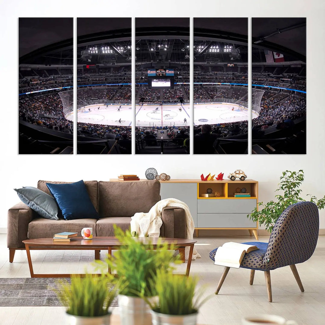 Triple-panel canvas art of Ball Arena, showcasing a night hockey game with the Colorado Avalanche, printed on high-quality, durable canvas.