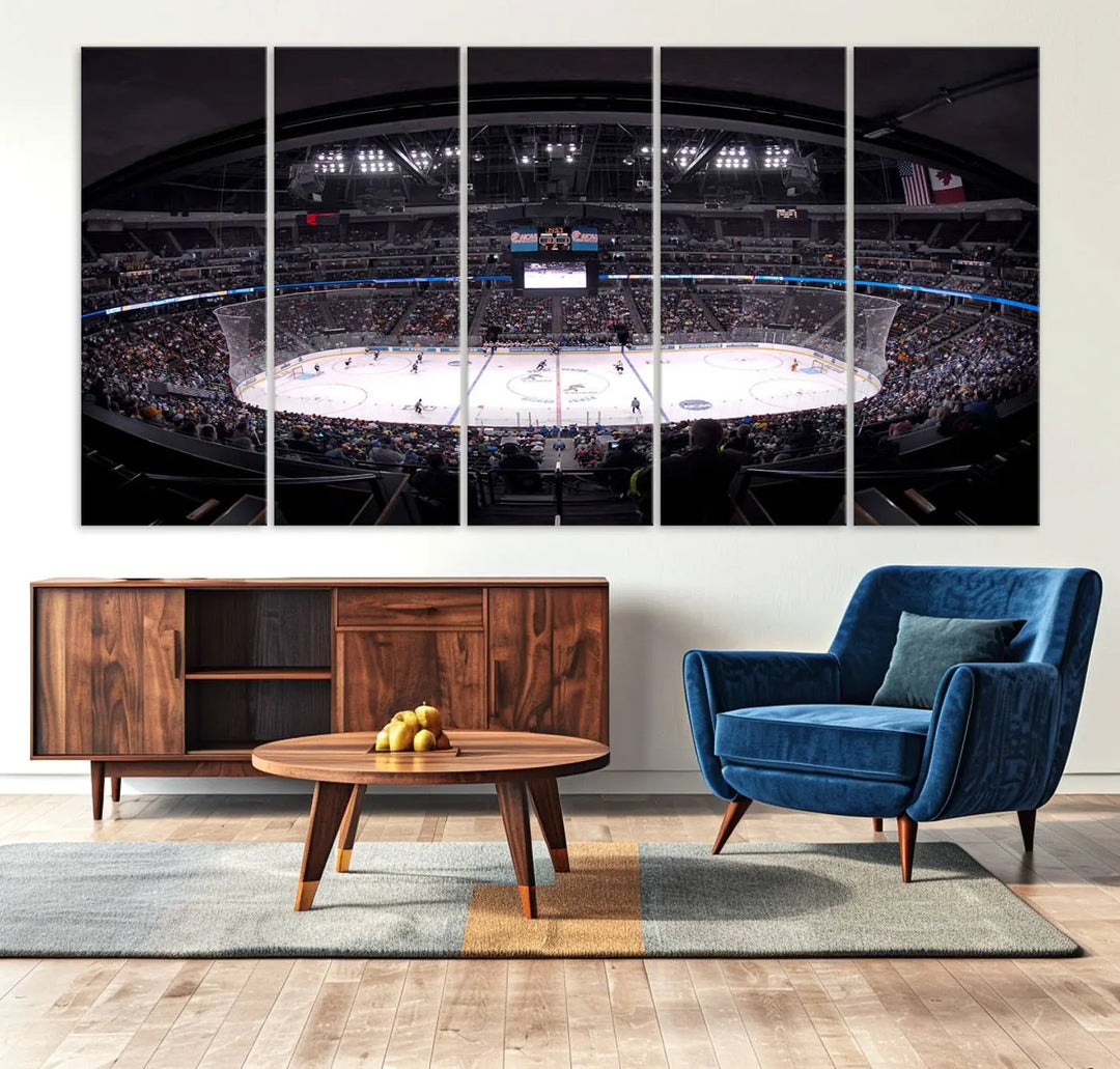 Triple-panel canvas art of Ball Arena, showcasing a night hockey game with the Colorado Avalanche, printed on high-quality, durable canvas.