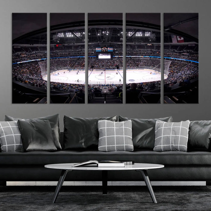 Triple-panel canvas art of Ball Arena, showcasing a night hockey game with the Colorado Avalanche, printed on high-quality, durable canvas.