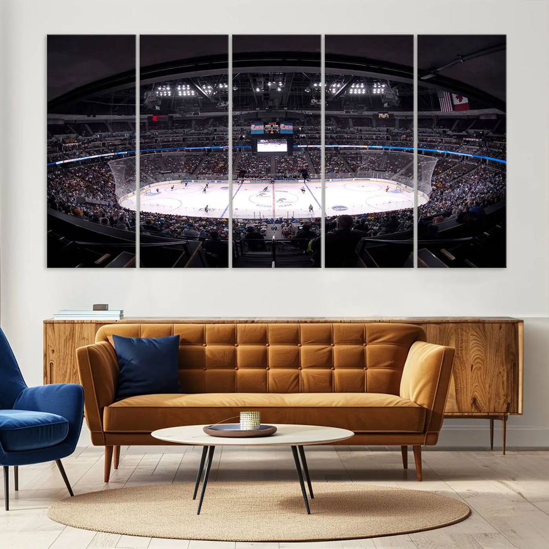 Triple-panel canvas art of Ball Arena, showcasing a night hockey game with the Colorado Avalanche, printed on high-quality, durable canvas.