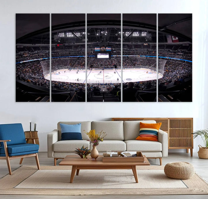 Triple-panel canvas art of Ball Arena, showcasing a night hockey game with the Colorado Avalanche, printed on high-quality, durable canvas.