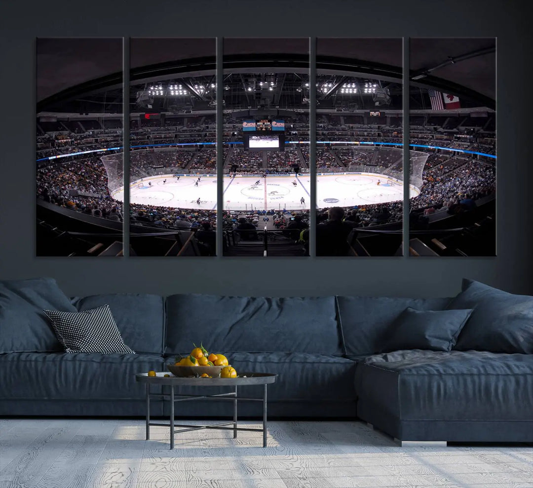 Triple-panel canvas art of Ball Arena, showcasing a night hockey game with the Colorado Avalanche, printed on high-quality, durable canvas.