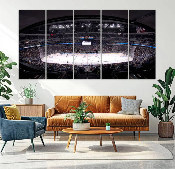 Triple-panel canvas art of Ball Arena, showcasing a night hockey game with the Colorado Avalanche, printed on high-quality, durable canvas.