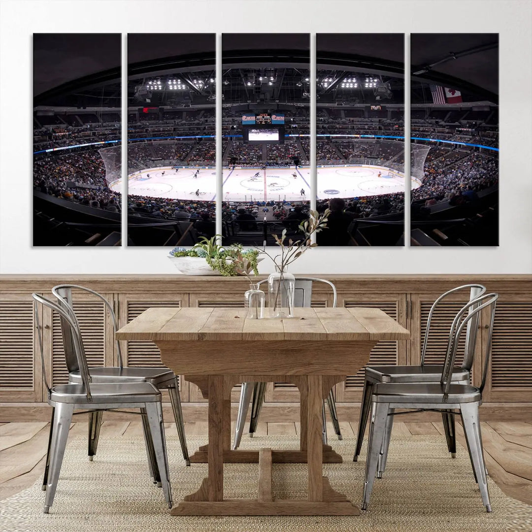 Triple-panel canvas art of Ball Arena, showcasing a night hockey game with the Colorado Avalanche, printed on high-quality, durable canvas.